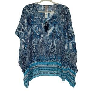 Chico's blue paisley sheer boxy blouse women's size L/XL V-neck unlined
